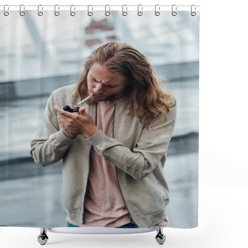 Personality  Handsome Young Man Smoking Cigarette On Street On Cloudy Day Shower Curtains