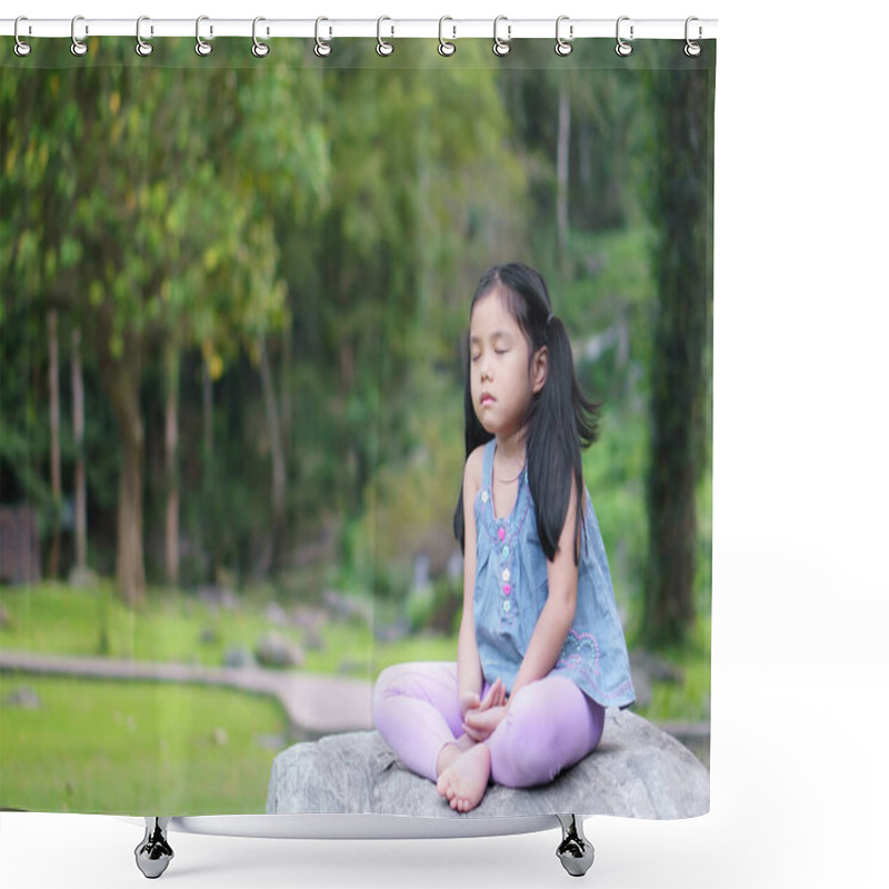 Personality  Asian Child Cute Or Kid Girl Close Eye Mindfulness Meditating With Breath And Sit On Stone Or Rock For Peace And Relax Or Yoga On Nature Green Garden And Tree At Temple Park Or Church Outdoor Shower Curtains