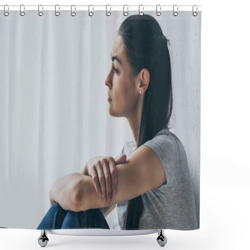 Personality  Side View Of Beautiful Frustrated Brunette Girl Sitting And Looking Away On Grey  Shower Curtains