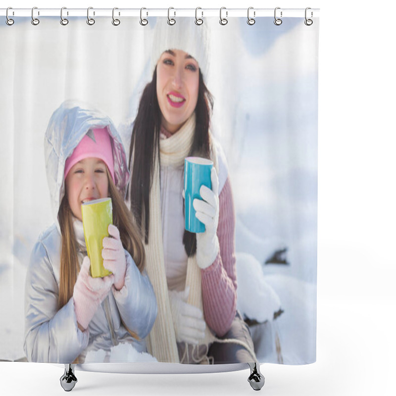 Personality  Mother And Her Daughter Having Fun Outdoors In Winter Time. Pretty Family Drinking Tea And Cocoa Shower Curtains