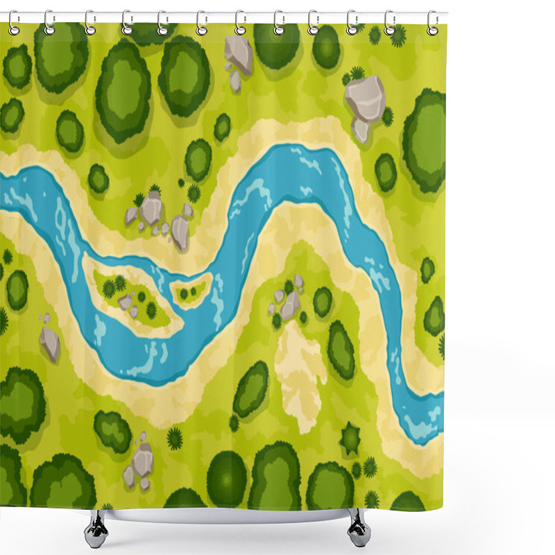 Personality  Top View River Landscape. Summer Beautiful Valley, Scenic Picturesque Natural Stream. River With Trees On Shore. Landscape With Winding River. Vector Illustration. Shower Curtains