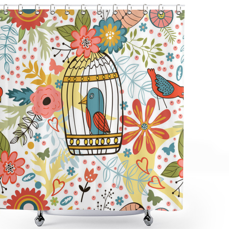 Personality  Elegant Pattern With Flowers, Bird Cages And Birds Shower Curtains