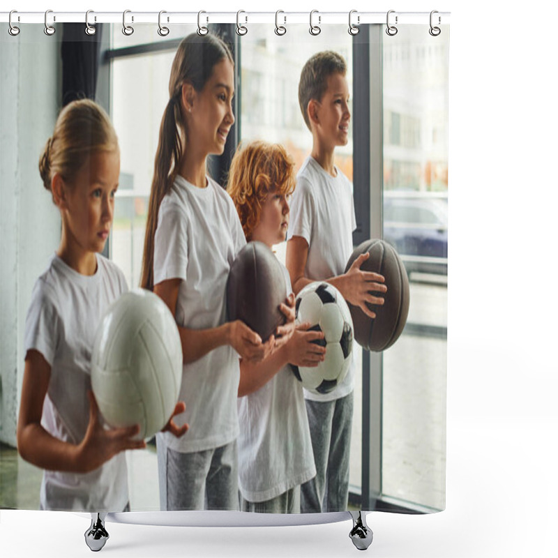 Personality  Four Cute Preadolescent Children With Different Kinds Of Balls Posing In Profile, Child Sport Shower Curtains