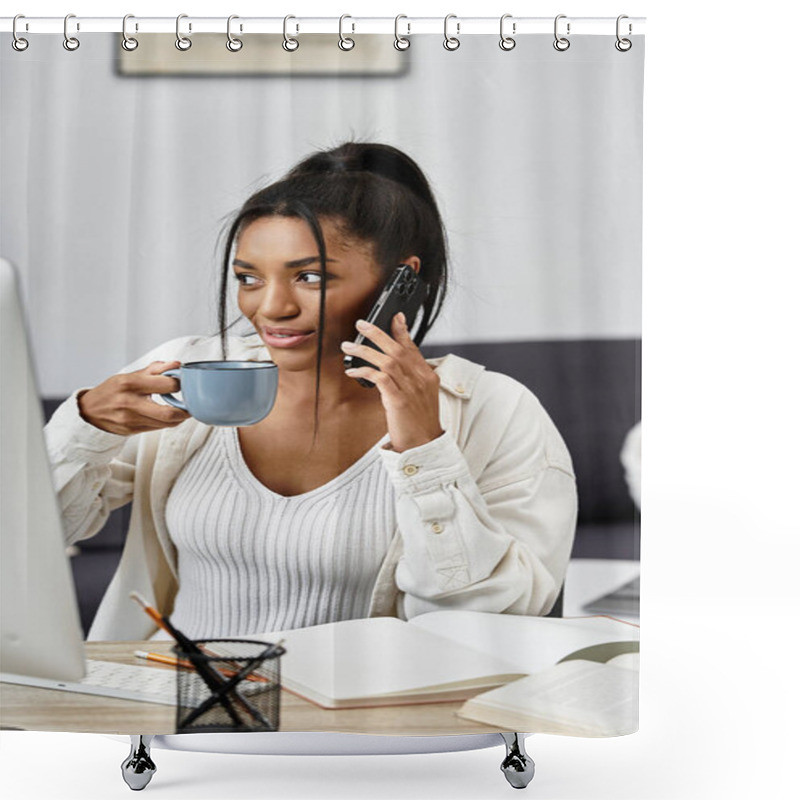 Personality  A Lovely Young Woman Enjoys Remote Learning With Coffee And A Phone Call. Shower Curtains