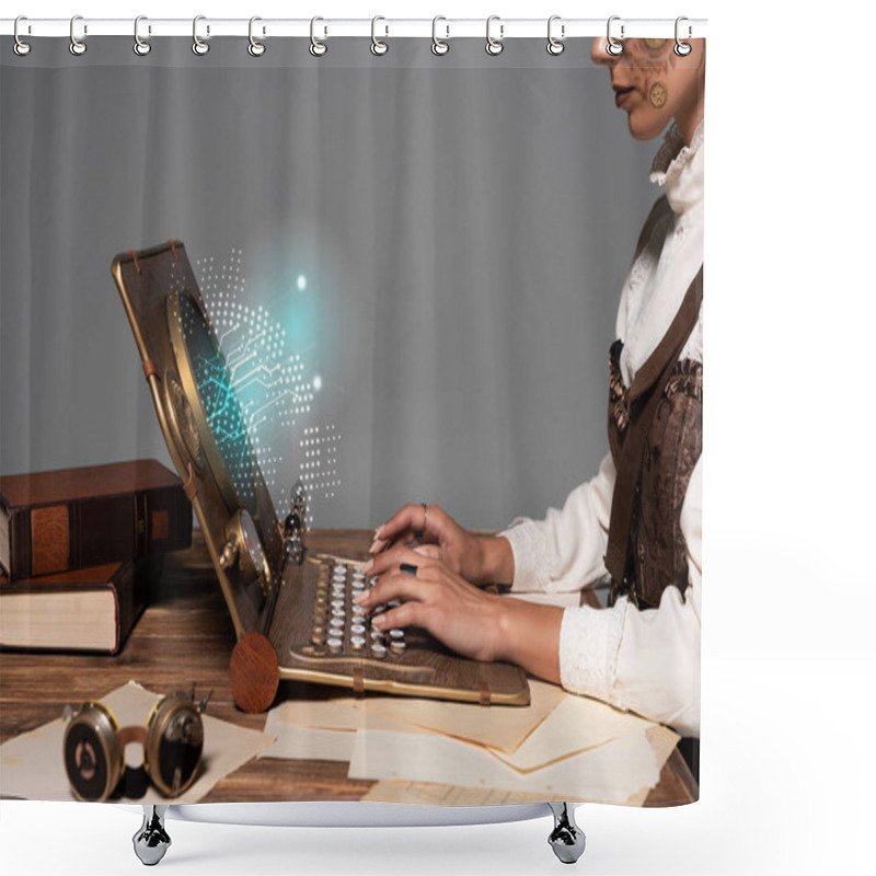 Personality  Cropped View Of Woman Typing On Steampunk Laptop With Glowing Digital Illustration At Table Isolated On Grey Shower Curtains