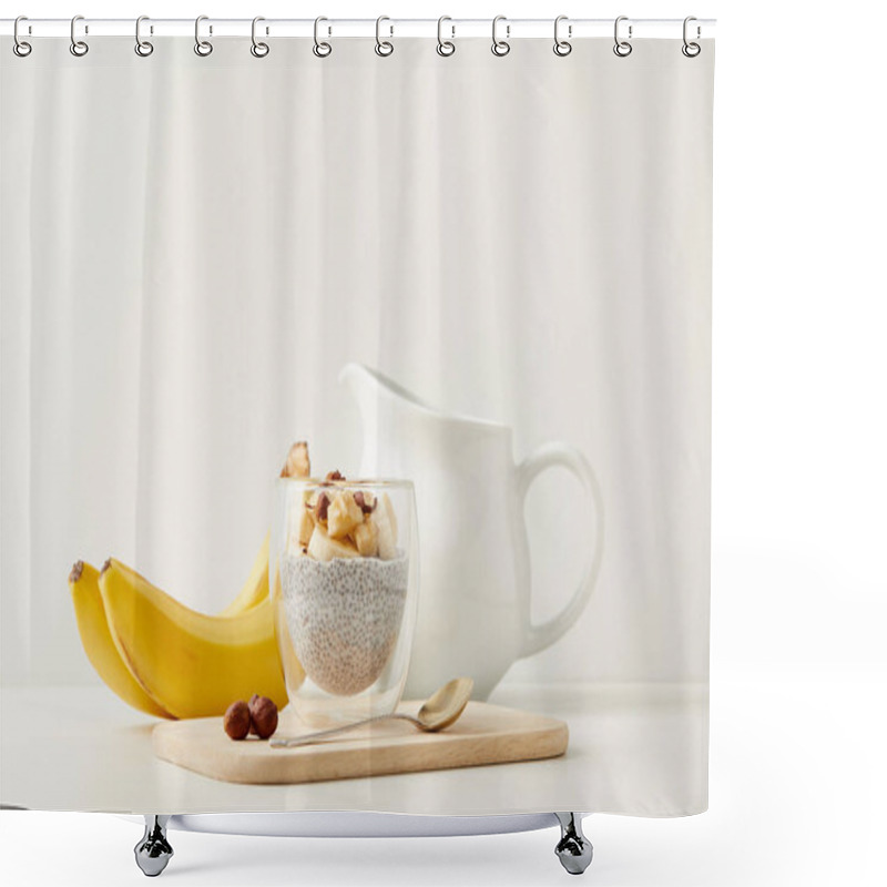 Personality  Close Up View Of Tasty Chia Seed Pudding With Bananas And Hazelnuts On White Tabletop Shower Curtains