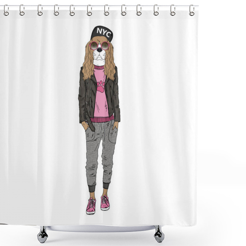 Personality  Humanized Cavalier King Charles Spaniel Breed Dog Dressed Up In Modern Urban Outfits. Shower Curtains