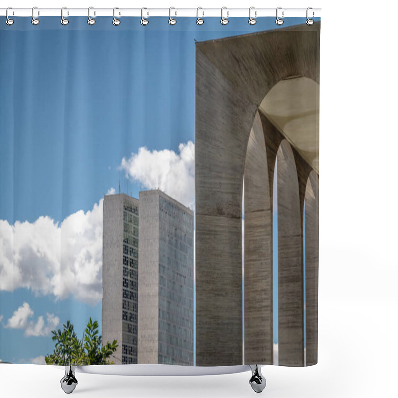 Personality  Brasilia, Brasil - Aug 29 2018: Itamaraty Palace And National Congress Detail - Brasilia, Distrito Federal, Brazil Shower Curtains