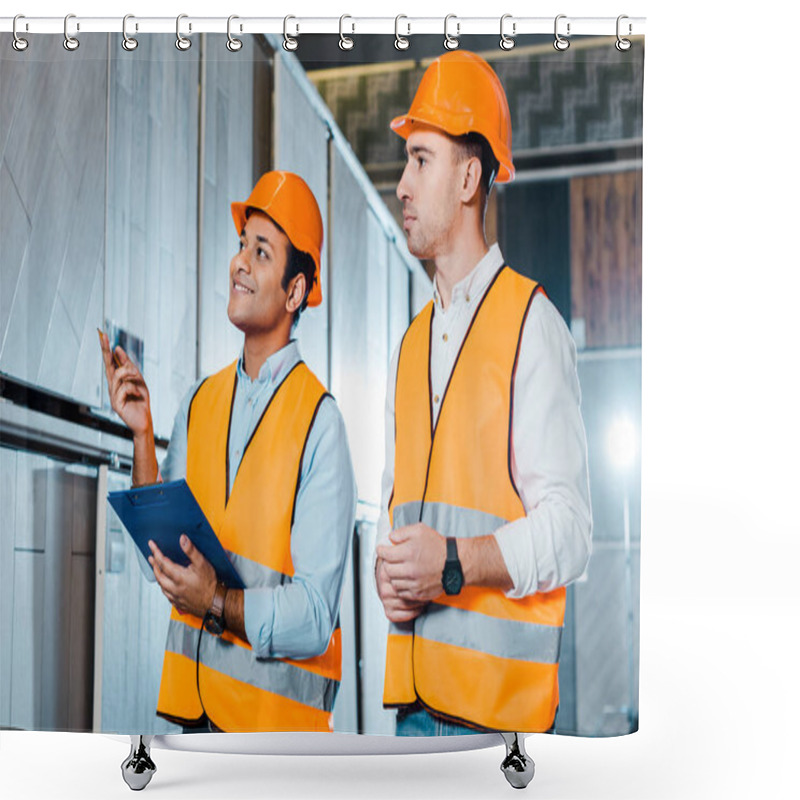 Personality  Smiling Multicultural Colleagues Working In Tiles Department In Warehouse Shower Curtains