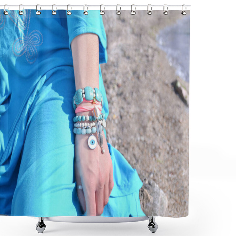 Personality  Jewelry Advertisement On The Beach - Turquoise Gemstone - Greek Jewelry Shower Curtains