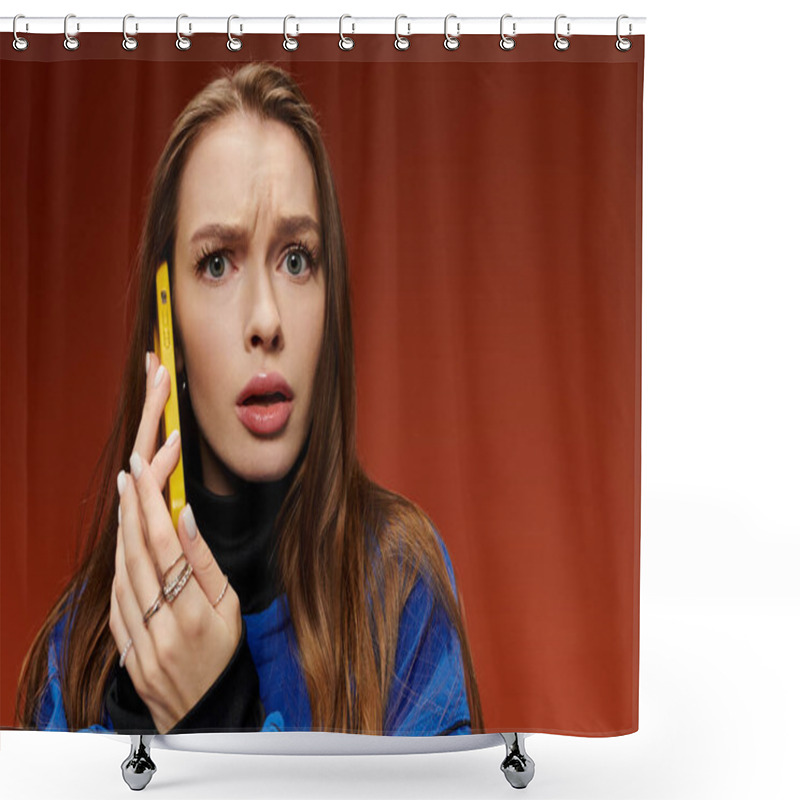 Personality  Beautiful Woman With Long, Wavy Hair Expresses Surprise While Holding A Yellow Phone. Shower Curtains