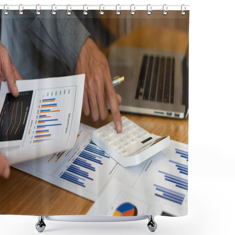 Personality  Business Office Concept At Her Desk, A Female Accountant Presses A Calculator For A Monthly Financial Report Or Company Profit. Shower Curtains