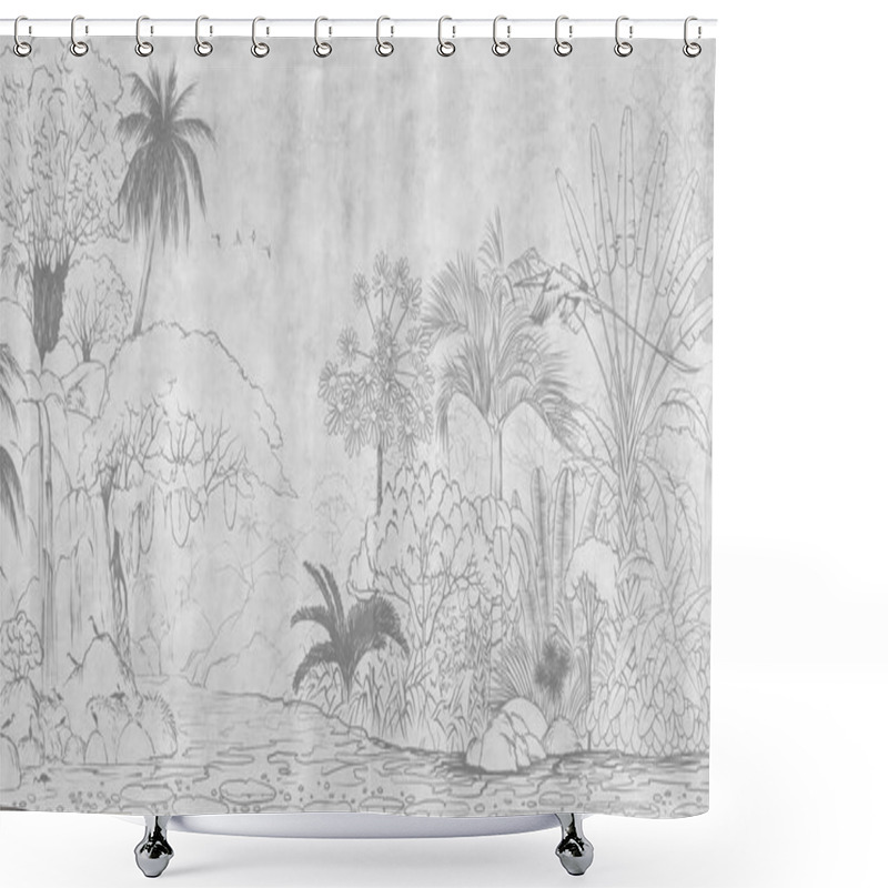 Personality  Tropical Nature Landscape, Jungle With Exotic Tropical Plants, Flowers And Leaves. Drawn Jungle Illustration. Design  For Card, Postcard, Wallpaper, Photo Wallpaper, Mural. Shower Curtains