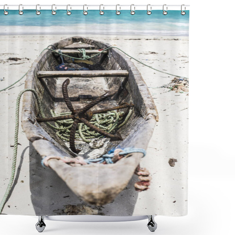 Personality  Beautiful Zanzibar Coast Line. Wooden Fisherman Boat On Sandy Beach With Blue Water Background, Zanzibar, Tanzania Shower Curtains