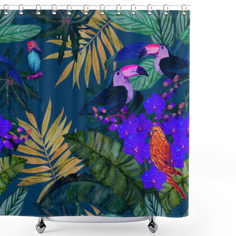 Personality  Watercolor Seamless Pattern With Tropical Flowers, Leaves And Birds. Hawaiian Summer Print. Exotic Jungle Animal Illustration. Shower Curtains