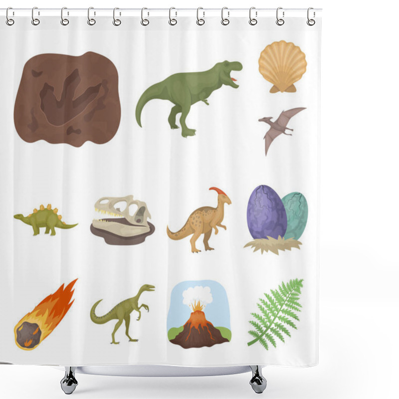 Personality  Different Dinosaurs Cartoon Icons In Set Collection For Design. Prehistoric Animal Vector Symbol Stock Web Illustration. Shower Curtains