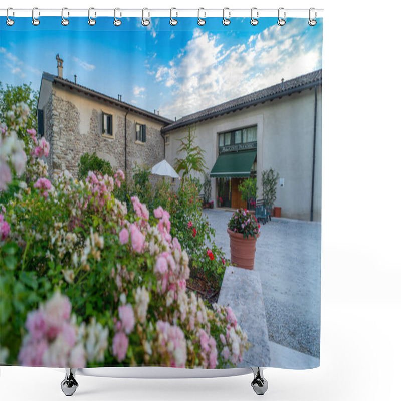 Personality  Charming Courtyard With Blooming Flowers In Front Of A Rustic Stone And Stucco Building Shower Curtains