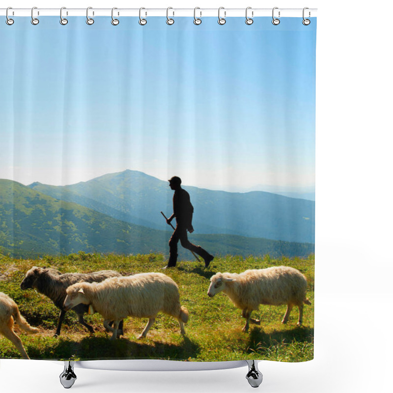 Personality  Silhouette Of A Shepherd With Herd Of Sheep Shower Curtains