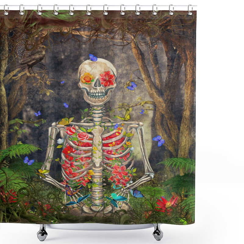 Personality  Blooming Skeleton In The Dark Forest  With Butterflies Shower Curtains