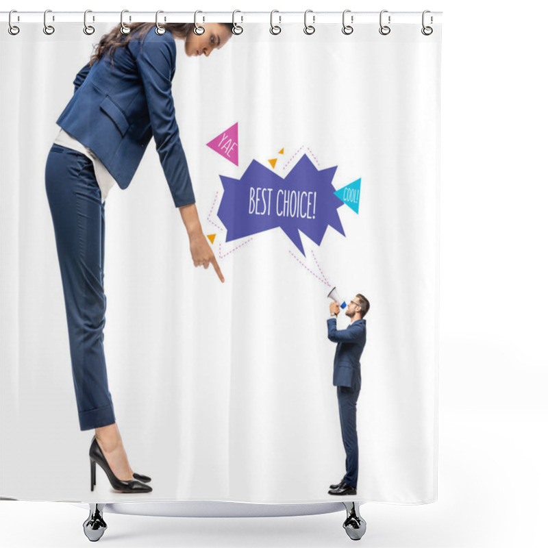 Personality  Small Businessman Shouting In Mouthpiece At Big Businesswoman Pointing With Finger Isolated On White With Best Choice Lettering Shower Curtains