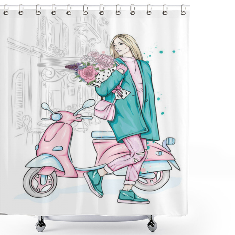 Personality  Beautiful Girl In A Stylish Coat, Jeans And Shoes. Vector Illustration For A Postcard Or A Poster. Fashion And Style, Clothing And Accessories. Bouquet Of Peony And Roses. Flowers. Vintage Moped. Shower Curtains