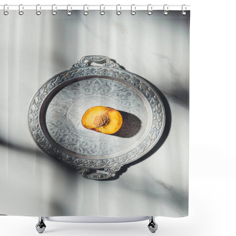 Personality  Top View Of Piece Of Peach On Metal Tray On Light Marble Tabletop With Shadows Shower Curtains