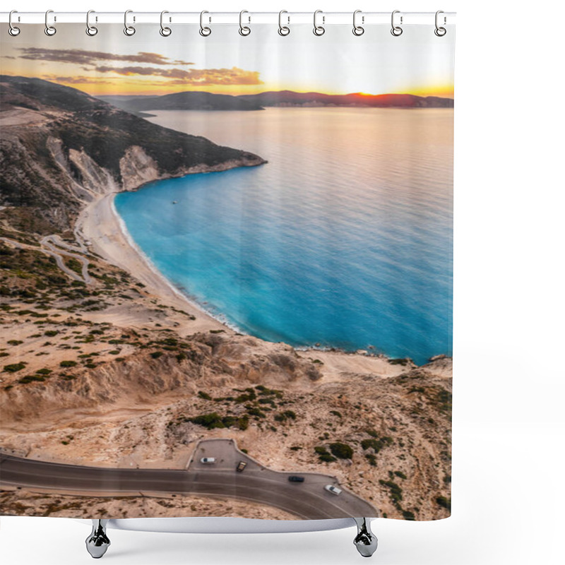 Personality  Sunset Over The Famous Myrtos Beach On Kefalonia Island, Ionian Sea, Greece. Aerial View Of The Popular Myrtos Beach. Shower Curtains