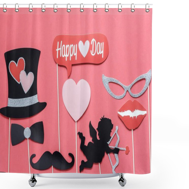 Personality  Flat Lay Aerial Image Of Sign Of Valentines 's Day Background Concept.DIY Photo Booth Props The Cupid Shoot Arrow To Red Heart On Modern Rustic Pink Wallpaper At Home Office Desk Studio.pastel Tone. Shower Curtains