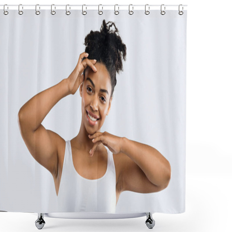 Personality  Pretty Happy Lady Holding Her Hands Up, Showing Hairless Armpits Shower Curtains