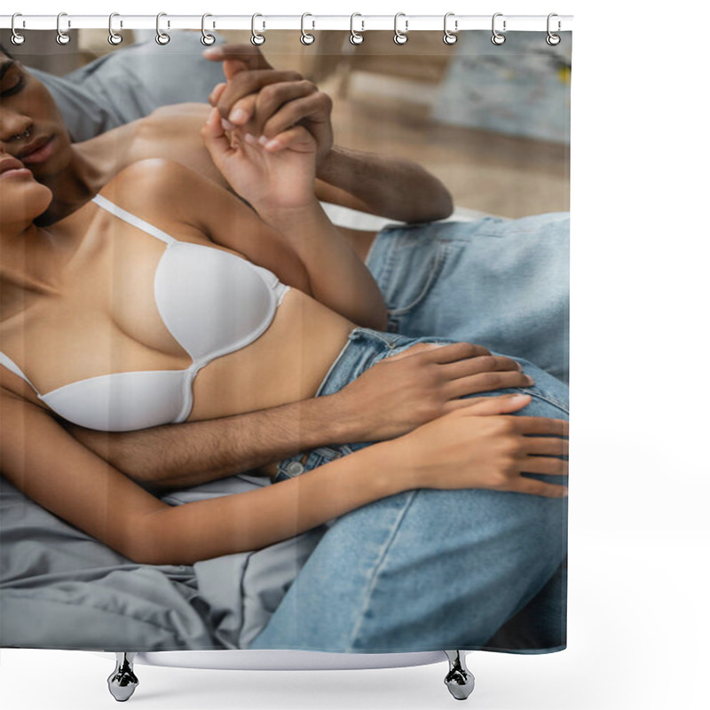 Personality  Partial View Of African American Woman In White Bra And Jeans Lying On Bed And Holding Hands With Boyfriend  Shower Curtains