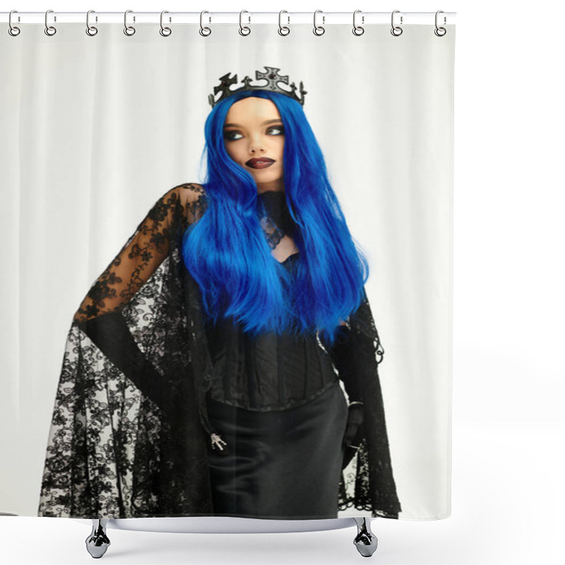 Personality  A Stunning Young Woman Showcases Her Halloween Costume Featuring Blue Hair And Elegant Attire. Shower Curtains