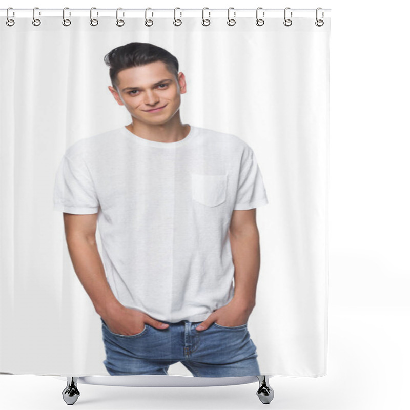 Personality  Handsome Man In White Shirt Looking At Camera Isolated On White Shower Curtains