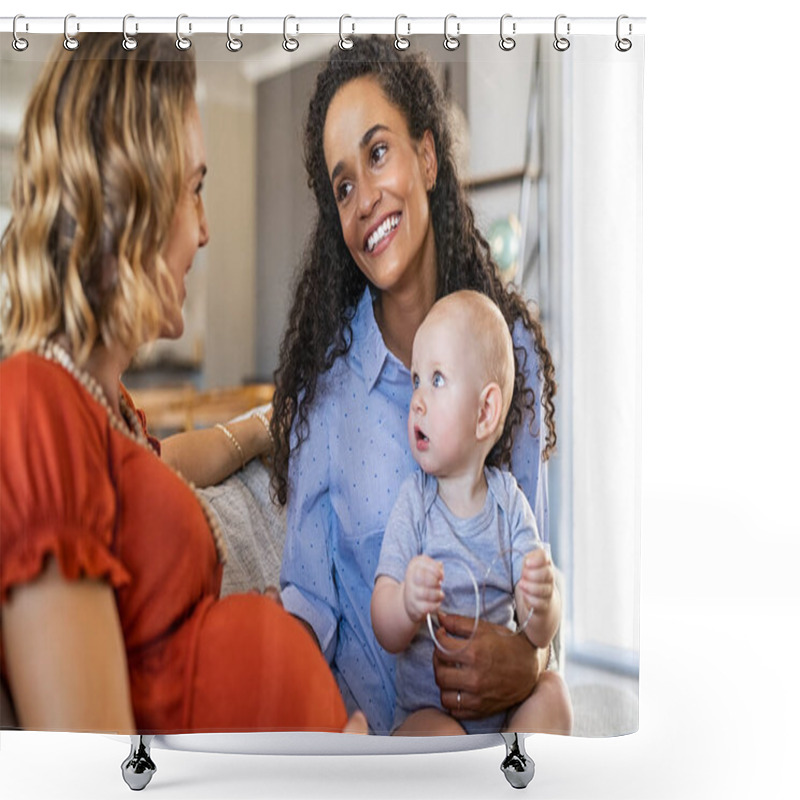 Personality  Happy Multiethnic Friends With Child Relaxing On Couch At Home. Mixed Race Woman With Expecting Mother Talking And Playing With Baby. Pregnant Lesbian Mothers Sitting On Sofa And Smiling, Assisted Fertilization And Reproduction Concept. Shower Curtains