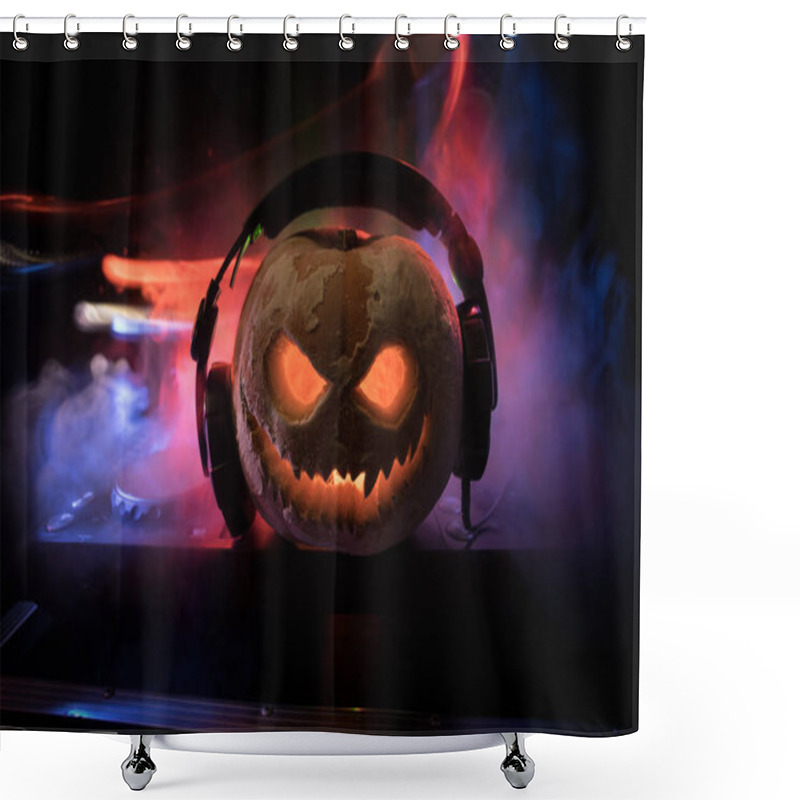 Personality  Halloween Pumpkin On A Dj Table With Headphones On Dark Background With Copy Space. Happy Halloween Festival Decorations And Music Concept Shower Curtains