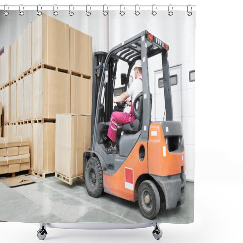 Personality  Worker Driver At Warehouse Forklift Loader Works Shower Curtains