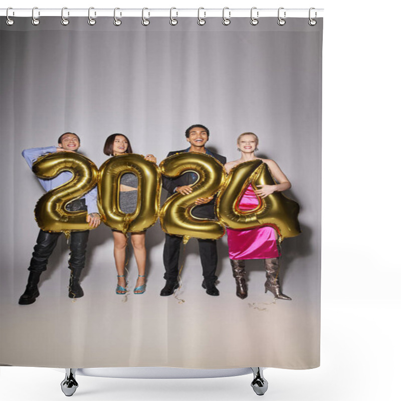 Personality  Group Of Happy Interracial Friends Holding Balloons With 2024 Numbers During Party, New Year Concept Shower Curtains