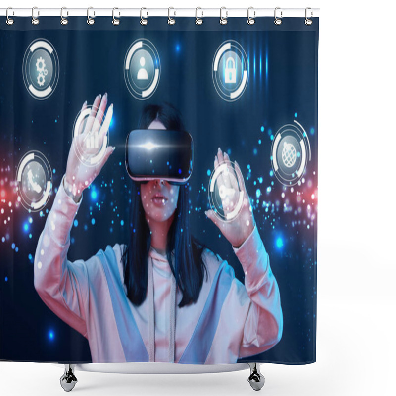 Personality  Young Woman In Virtual Reality Headset Gesturing Among Glowing Cyber Icons On Dark Background Shower Curtains