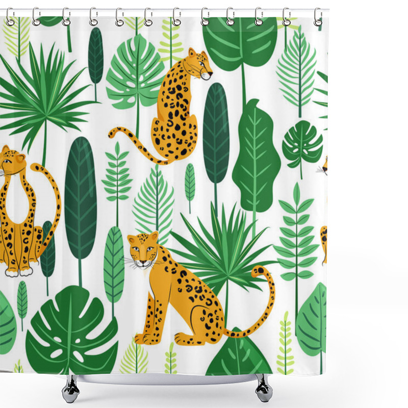 Personality  Leopard Seamless Pattern. Composition With Leopards And Tropical Leaves On White Background. Vector Illustration For Textile, Postcard, Fabric; Wrapping Paper, Background, Packaging. Shower Curtains