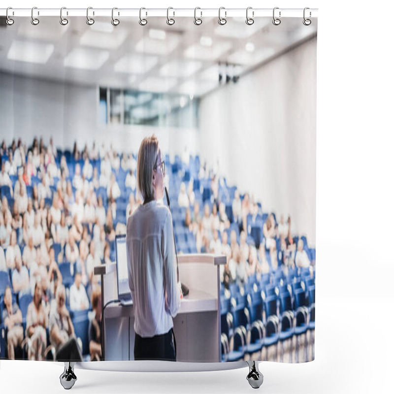 Personality  Female Speaker Giving A Talk On Corporate Business Conference. Unrecognizable People In Audience At Conference Hall. Business And Entrepreneurship Event Shower Curtains