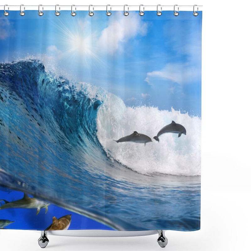 Personality  Happy Playful Dolphins Jumping On Breaking Wave Shower Curtains