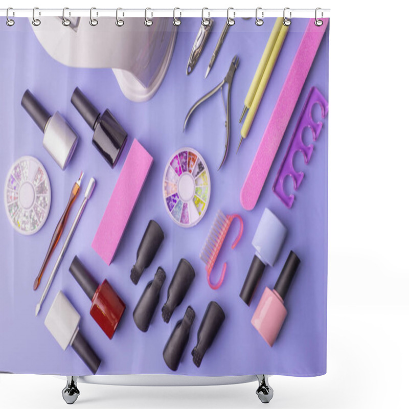 Personality  Set Of Cosmetic Tools For Manicure And Pedicure On A Purple Background. Gel Polishes, Nail Files And Clippers, Top View Shower Curtains