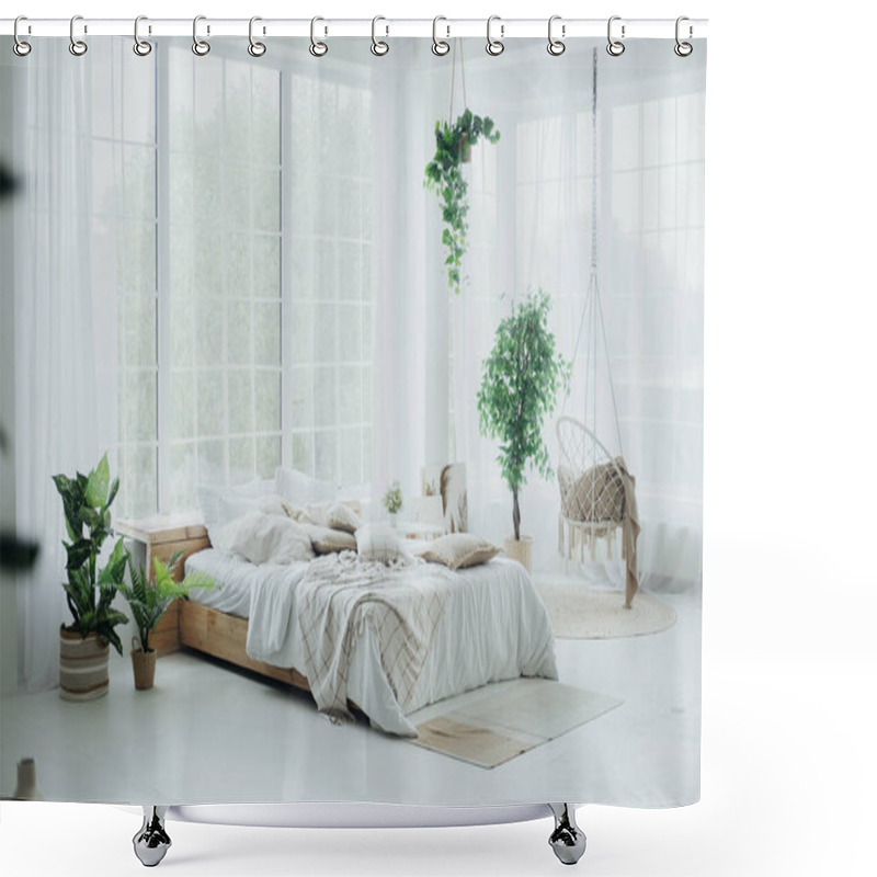 Personality  A Beautifully Designed Bedroom Featuring A Light-filled Space With Plants, A Cozy Bed, And A Hanging Chair, Creating A Serene And Inviting Atmosphere In The Daytime. Shower Curtains