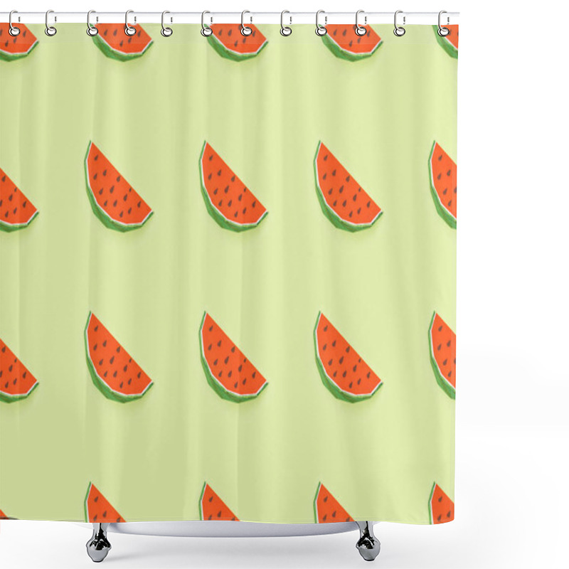 Personality  Top View Of Seamless Pattern With Handmade Red Paper Watermelon Slices Isolated On Yellow Shower Curtains