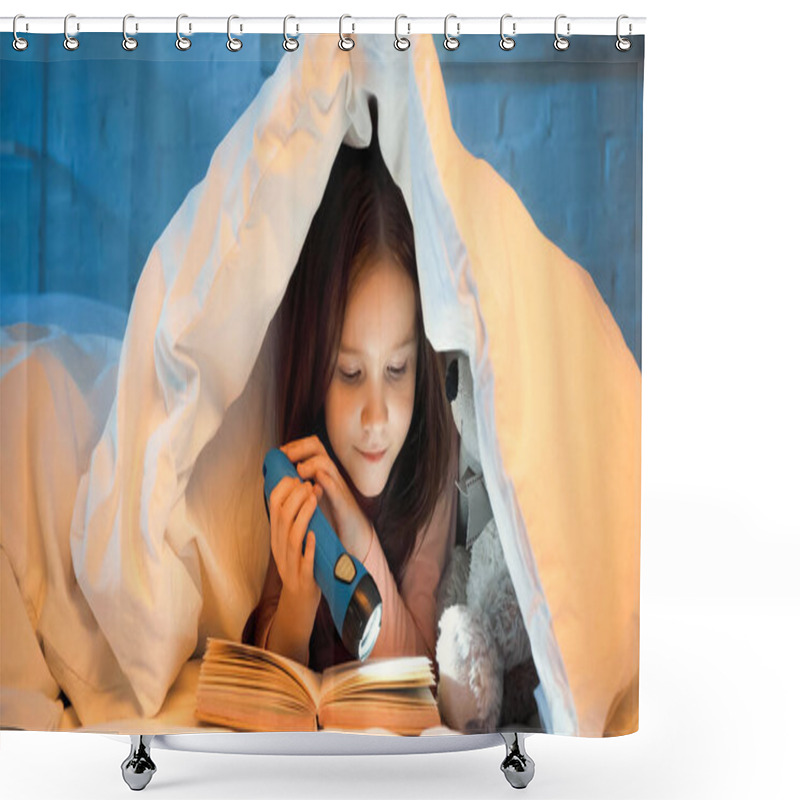 Personality  Preteen Girl With Flashlight Reading Book On Bed In Evening  Shower Curtains