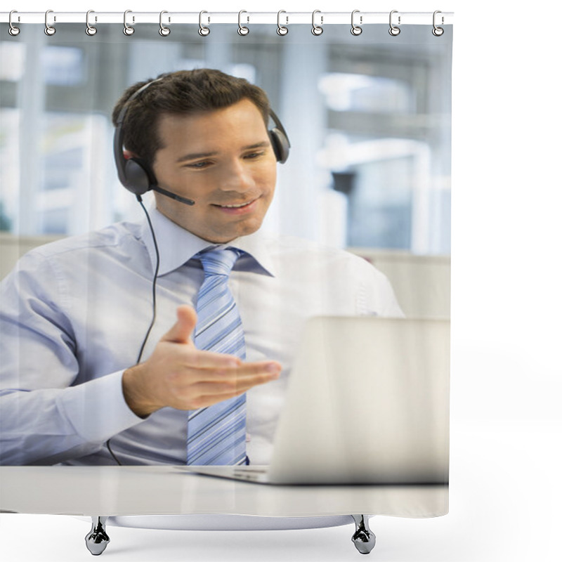 Personality  Businessman With Headset Working On Laptop Shower Curtains