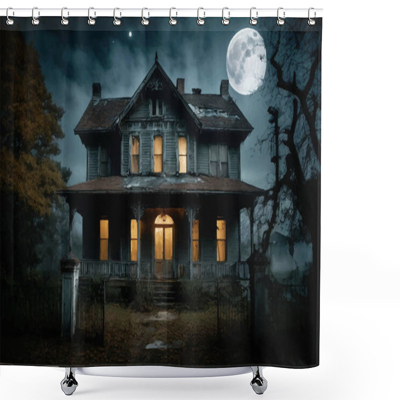 Personality  Halloween Graphics. Creepy Haunted Derelict House At Night With Full Moon Shower Curtains