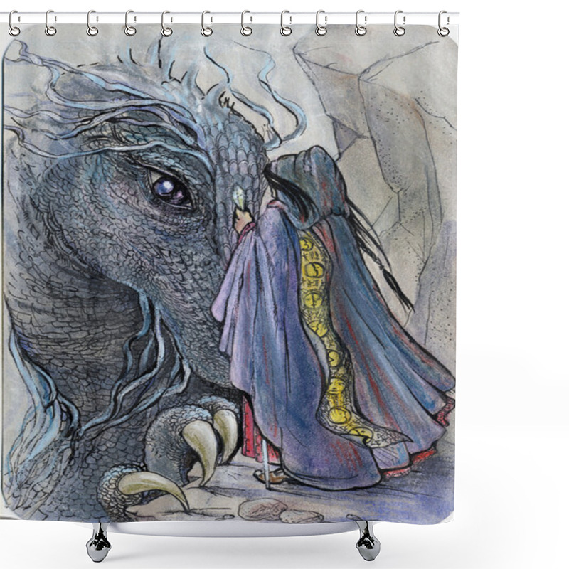 Personality  Dragon And Wizard Meeting. Shower Curtains