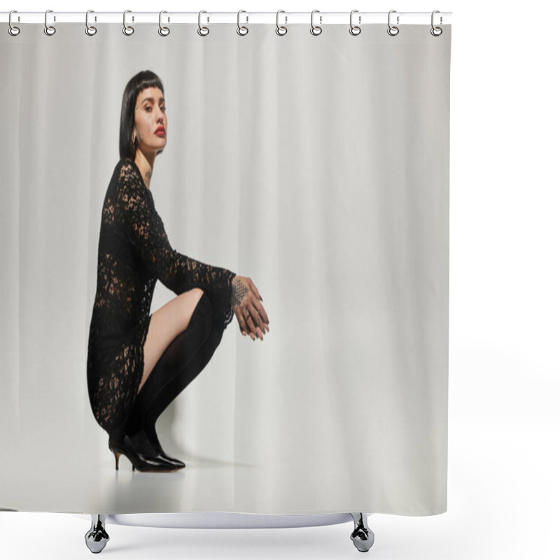 Personality  A Fashionable Woman With Tattoos Strikes A Striking Pose In A Chic Outfit. Shower Curtains