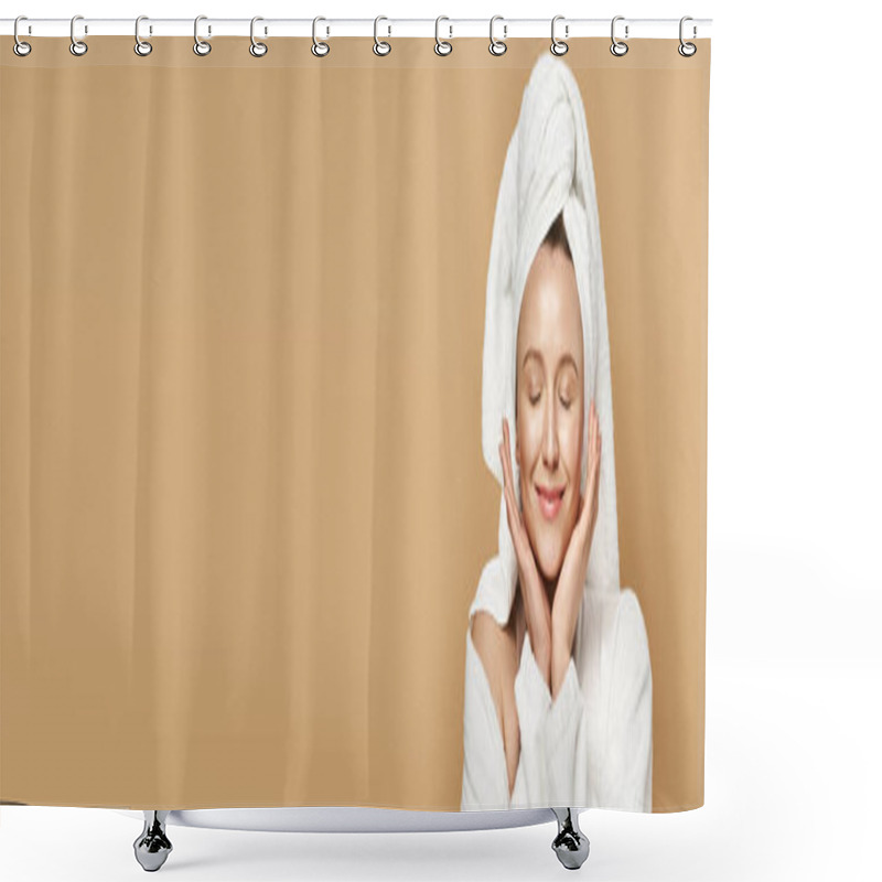 Personality  A Beautiful Woman With A Towel On Her Head Exudes Natural Beauty And Confidence While Striking A Graceful Pose. Shower Curtains