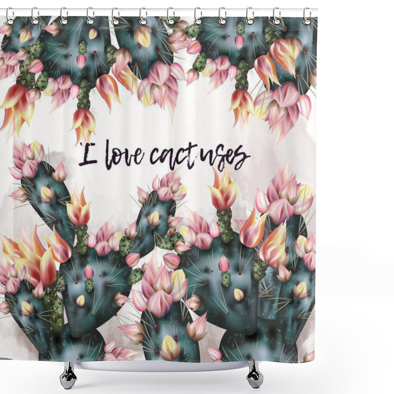 Personality  Cactus Illustration With Pink Flowers. Realistic Botanical Backg Shower Curtains